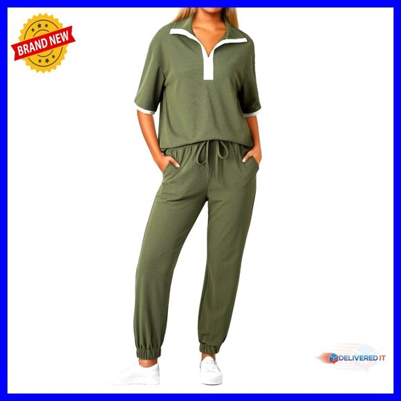 Pants - V-Neck Lapel Short Sleeve Tops Long Pants Tracksuit Lounge Jogger Set with